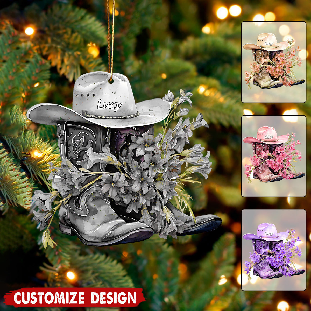 Personalized Boots And Hat With Flower Cowgirl / Cowboy Christmas Ornament