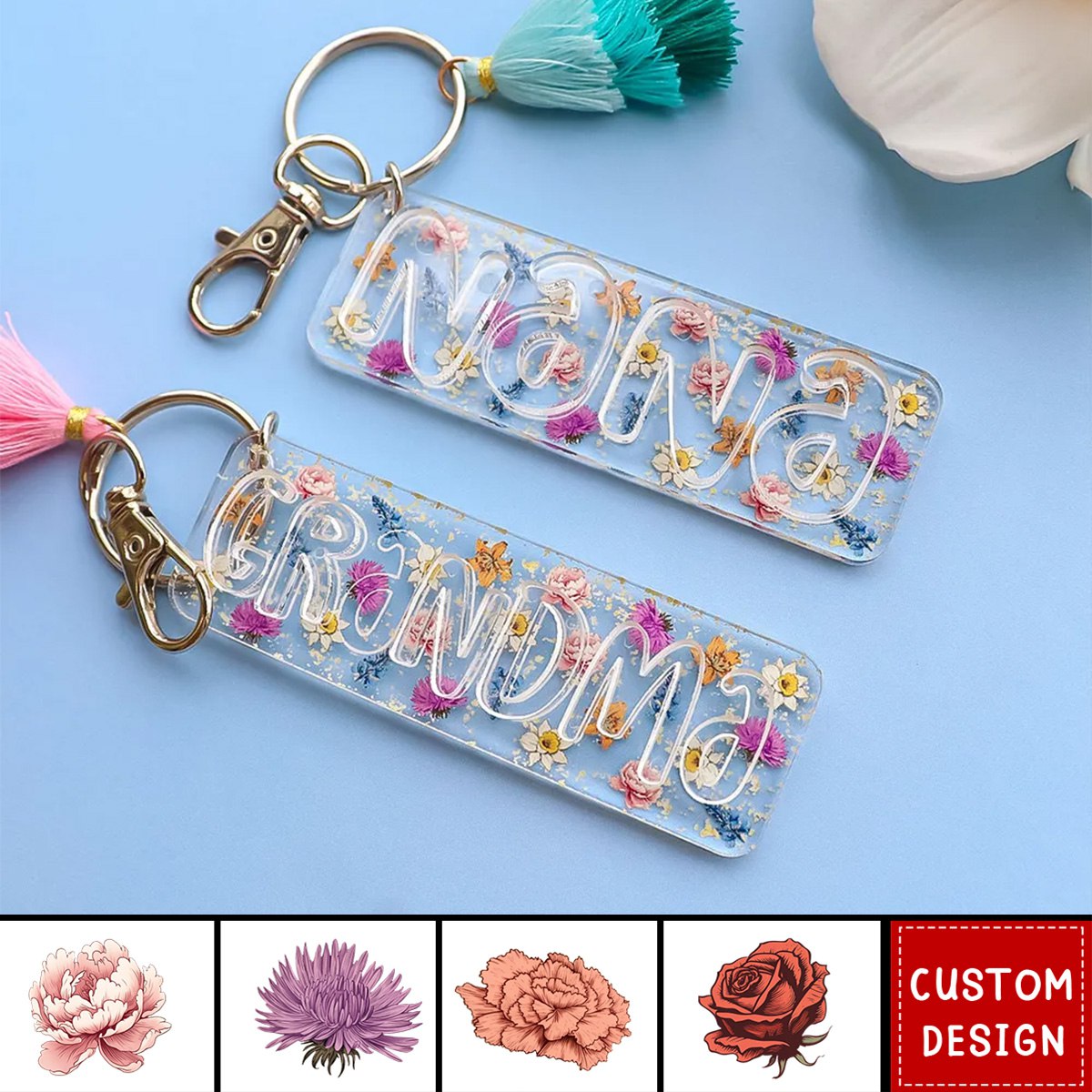 Grandma Mom Birth Month Flowers Personalized 2-Layer Acrylic Keychain