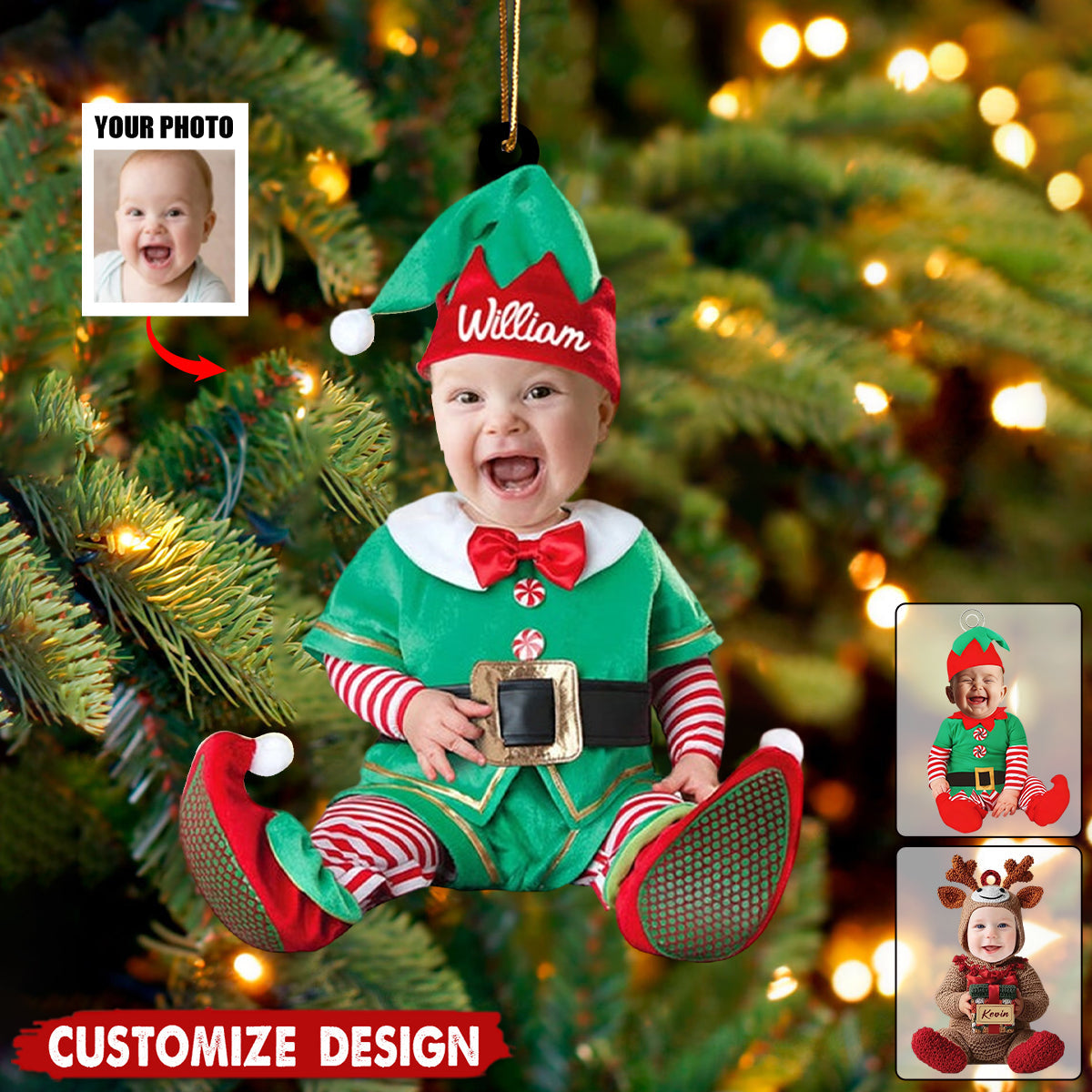 Adorable Newborn Baby Elf - Personalized Babys Photo Christmas Ornament - Gift For Baby