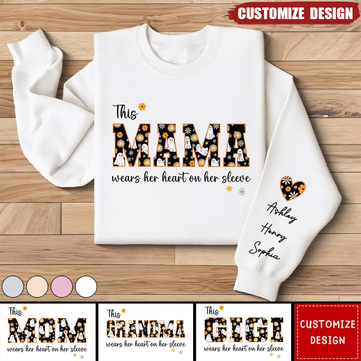Halloween This Mama Wears Her Heart on Her Sleeve Personalized Sleeve Printed Sweatshirt