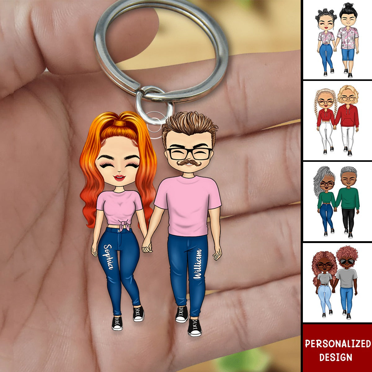 Personalized Doll Couple Romantic Holding Hands Acrylic Keychain