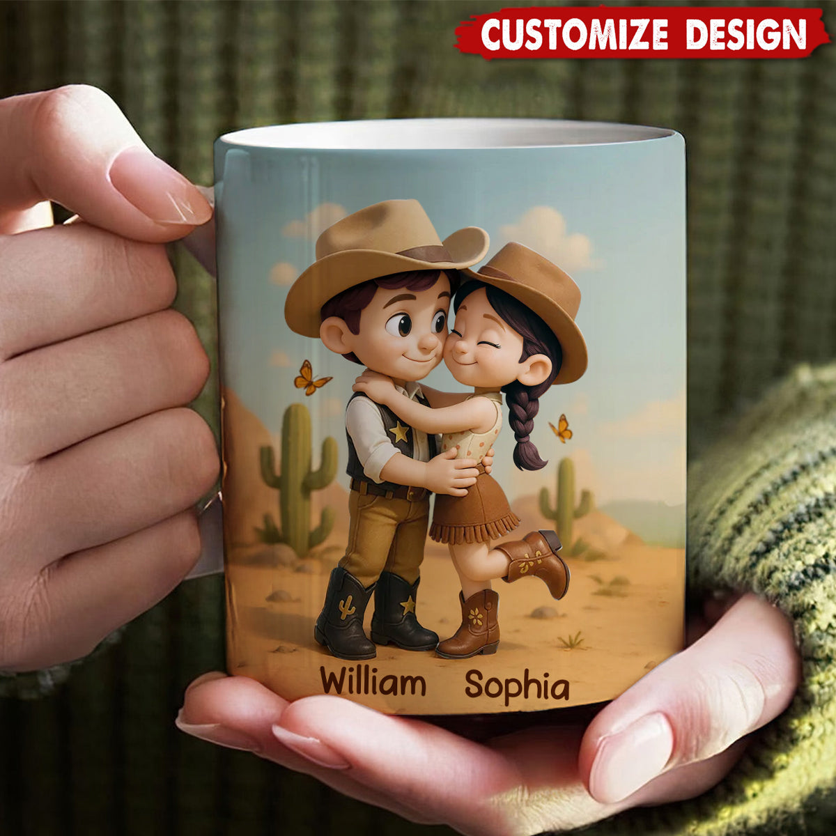 Cartoon Style Countryside Couple Cowboy Cowgirl Personalized Coffee Mug