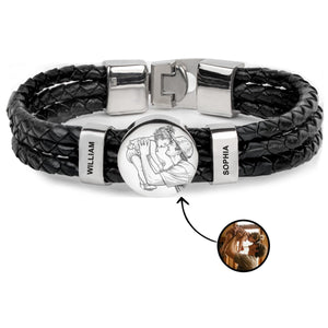 Leather Photo Men Bracelet with Name Beads - Personalized Gifts for Dad Grandpa