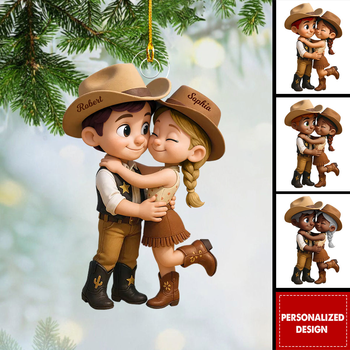 Cartoon Style Countryside Couple Cowboy Cowgirl Personalized Christmas Ornament