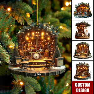 Personalized Rustic Musician Christmas Ornament, Mini Band Cabin With Instruments & Holiday Lights