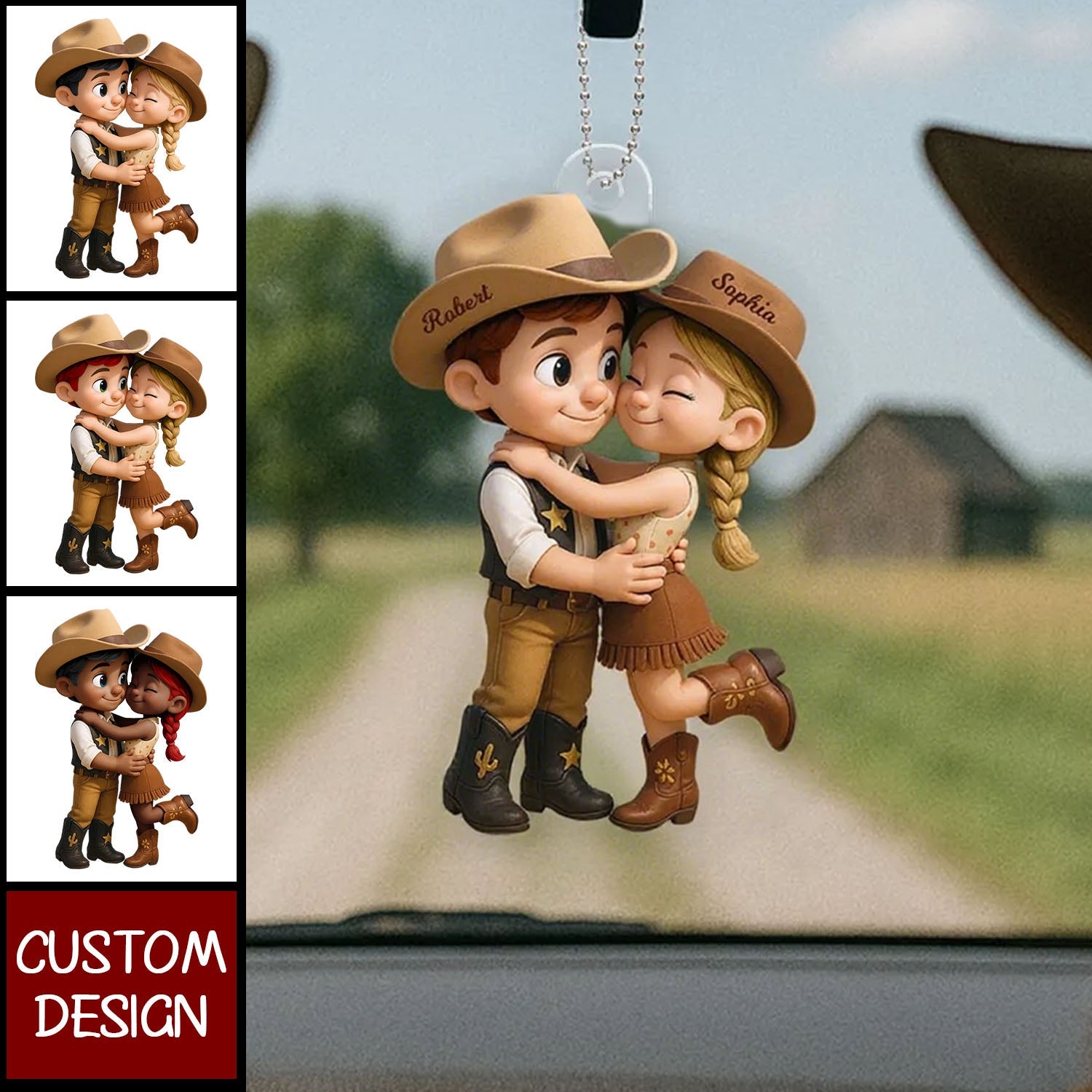 Cartoon Style Countryside Couple Cowboy Cowgirl Personalized Car Ornament