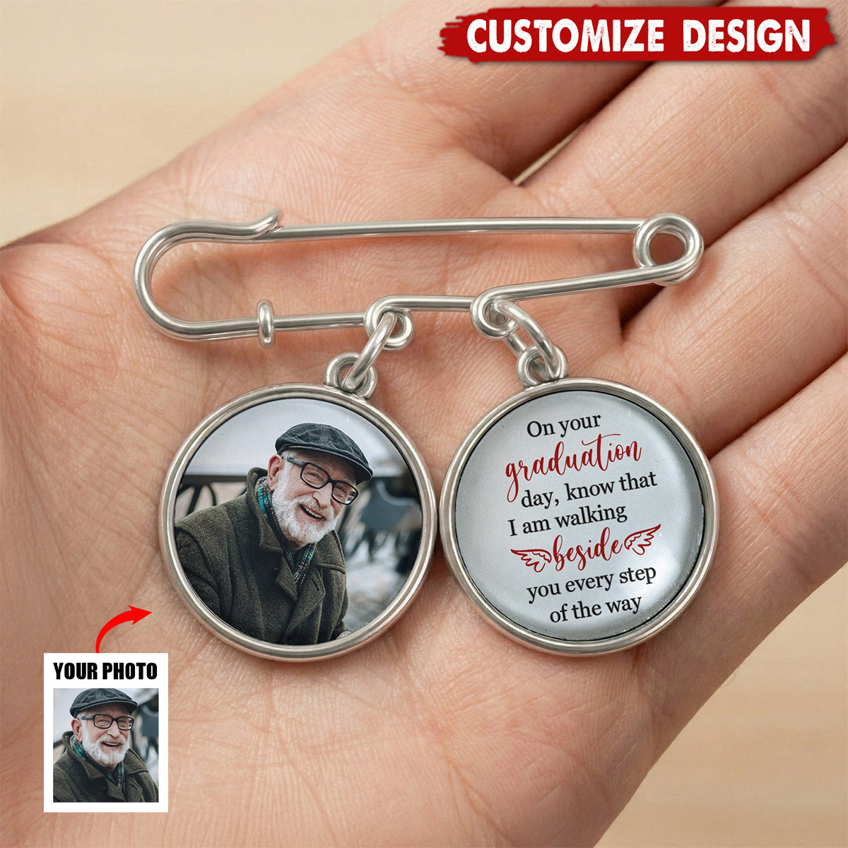Graduation Walking Beside You Every Step - Personalized Memorial Lapel Pin With Photo Charms