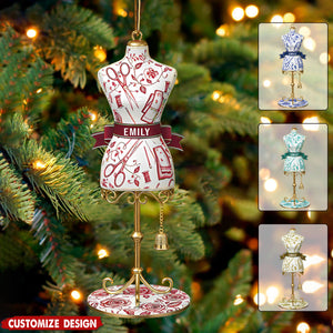 Personalized Toile De Jouy Dress Form Christmas Ornament - Gift for Seamstress, Tailor, Fashion Designer