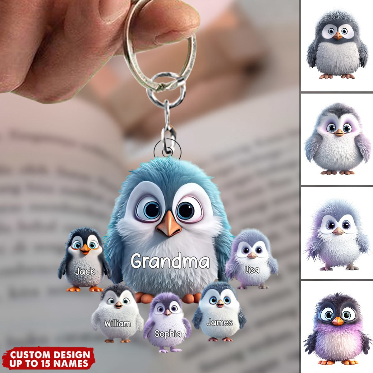 Personalized Nana/Mom Penguin with Little Kids Acrylic Keychain