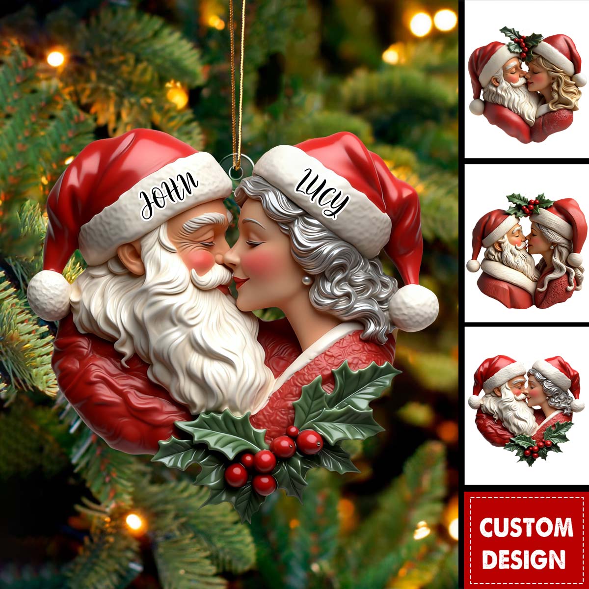 Personalized Romantic Santa Couple Christmas Ornament - Gift For Couple