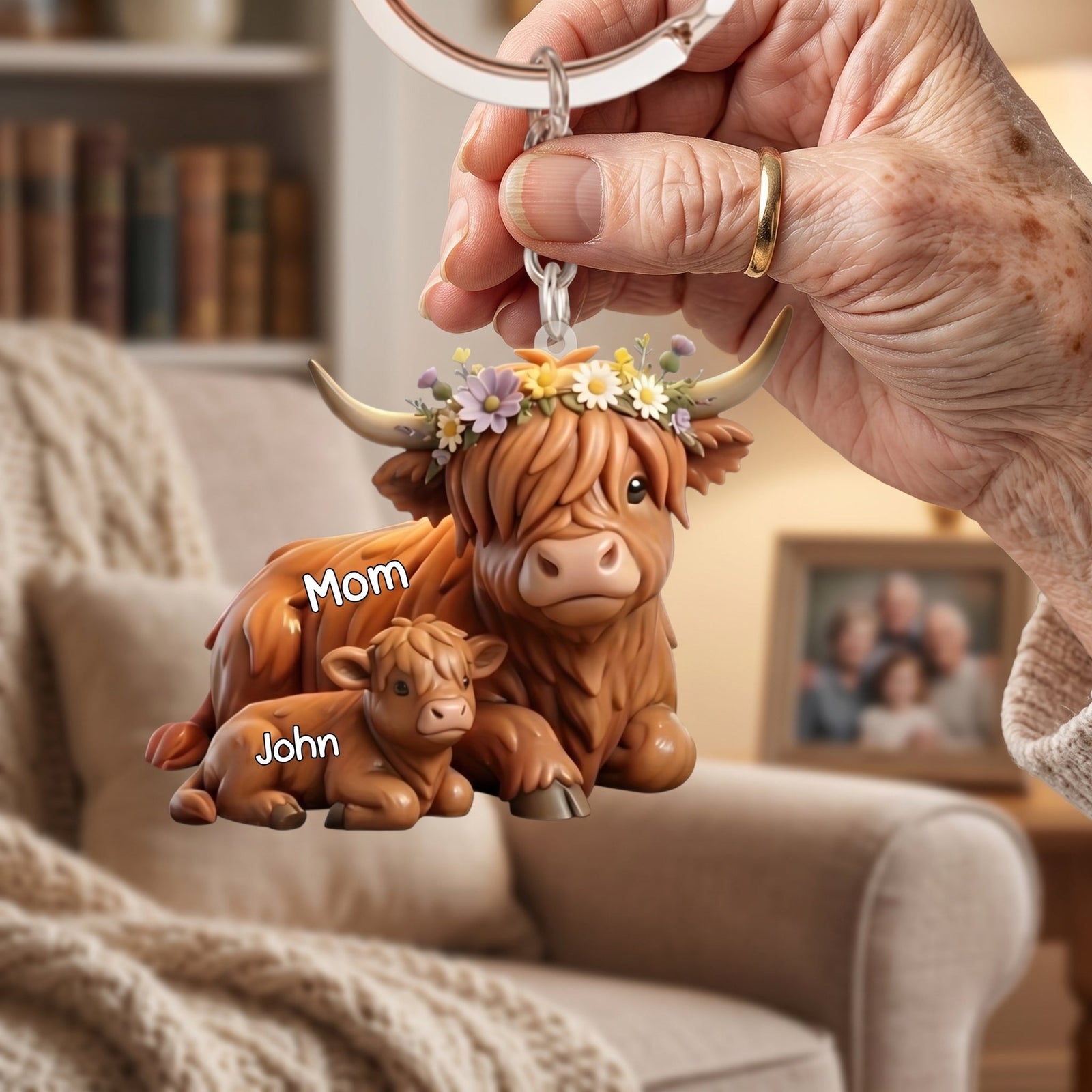 Personalized Highland Cow Herd Mama Acrylic Keychain - Gifts For Mom Grandma
