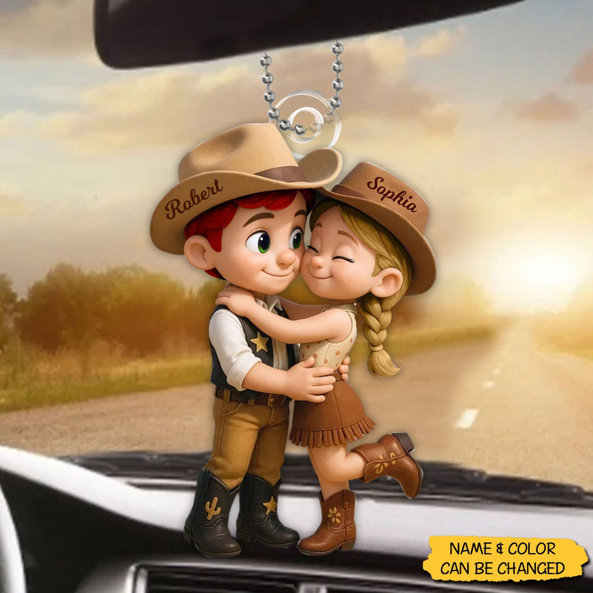 Cartoon Style Countryside Couple Cowboy Cowgirl Personalized Car Ornament