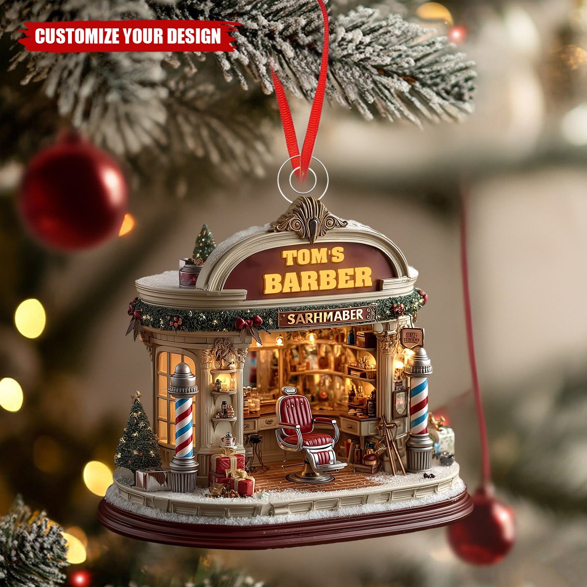 Personalized Barber Shop Christmas Ornament, Red Chair & Barber Poles