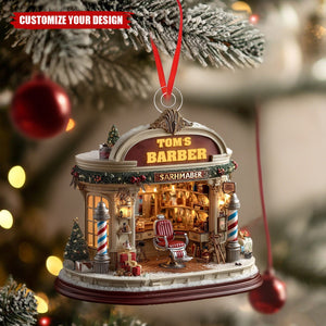 Personalized Barber Shop Christmas Ornament, Red Chair & Barber Poles
