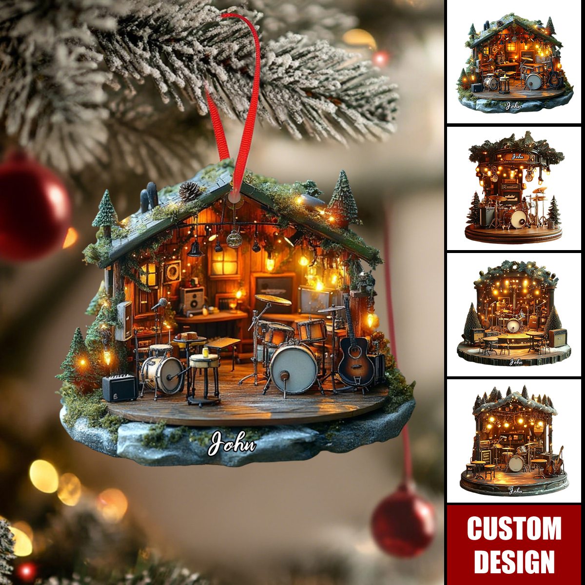 Personalized Rustic Musician Christmas Ornament, Mini Band Cabin With Instruments & Holiday Lights
