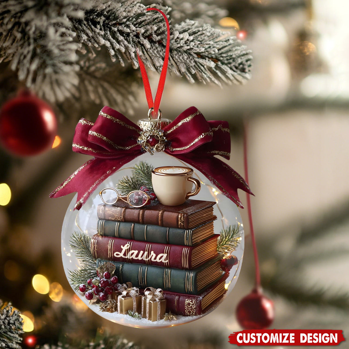 Personalized Stack Of Books Christmas Ornament, Custom Book Lover Snow Globe Gift, Library Christmas Decor for Readers