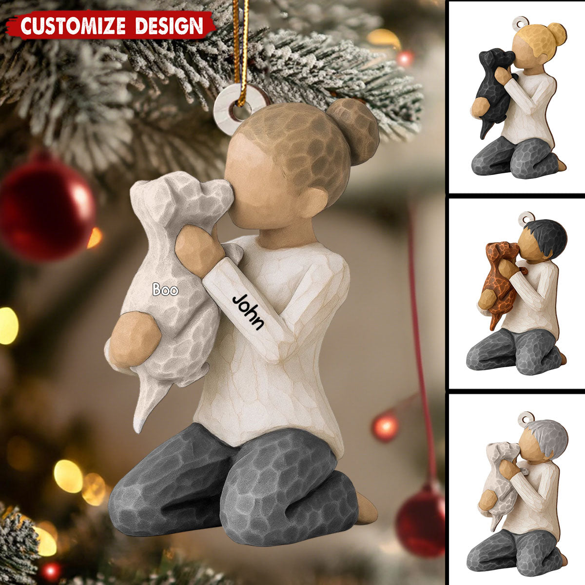 Personalized Boy Girl Hugging Dog Wooden Christmas Ornament - Gift For Dog Lovers
