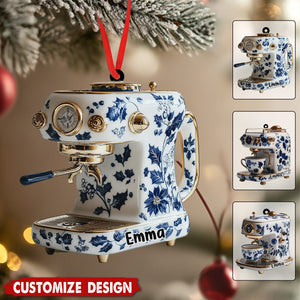 Personalized Coffee Maker Machine Christmas Ornament  - Gift For Coffee Maker And Floral Barista