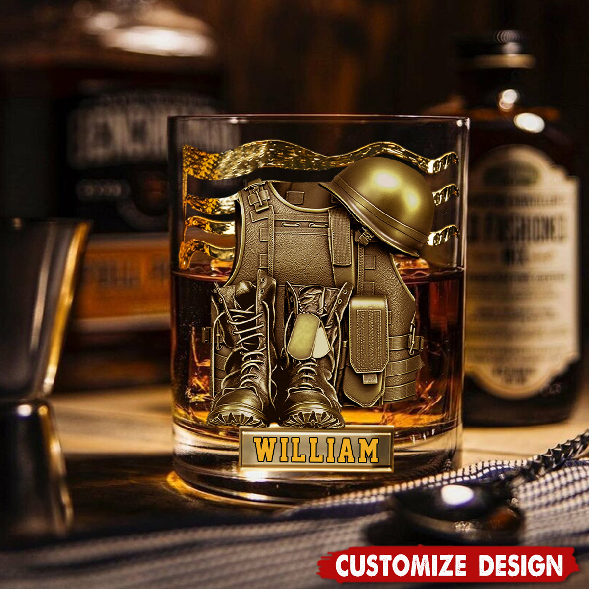 Military Uniform - Boots & Hat - Personalized Whiskey Glass