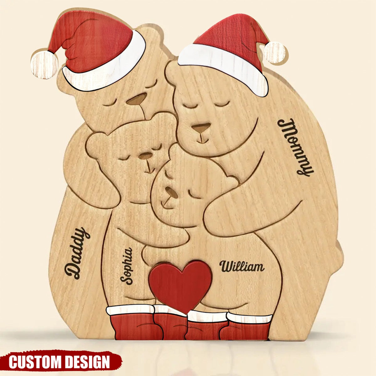 Christmas Family Bear Personalized Wooden Art Puzzle, Wooden Carvings, Gift For Family Members