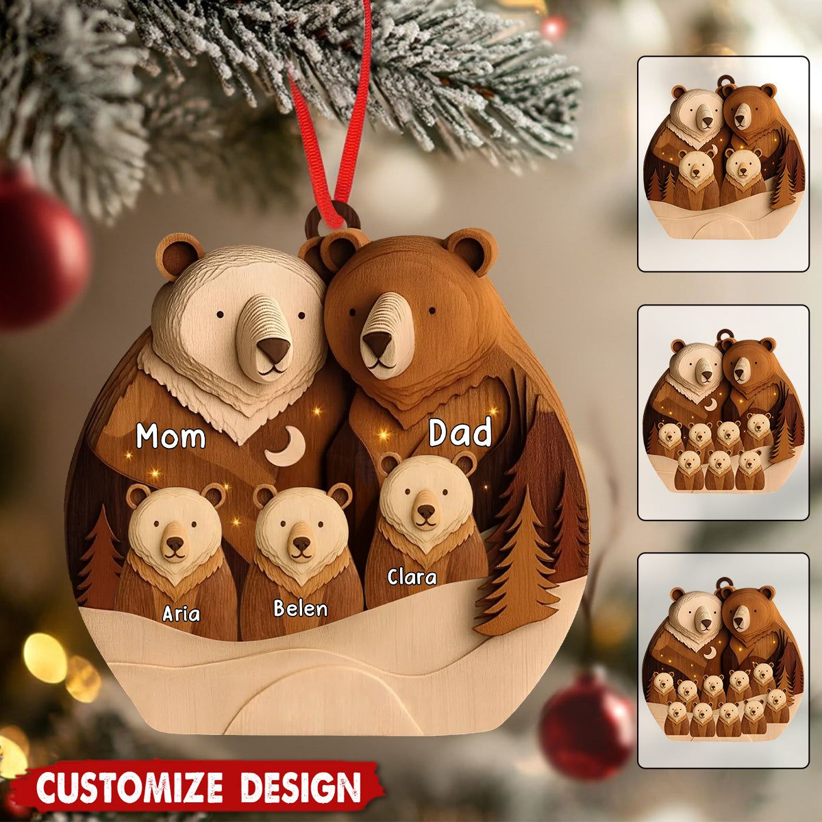 Personalized Bear Family Woodland Wooden Christmas Ornament - Gift for Family