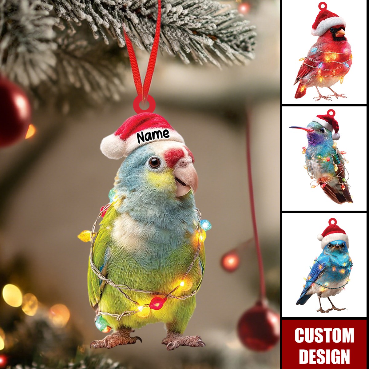 Personalized Bird Ornament Christmas Gift, Custom Name Bird Ornament with Santa Hat, Holiday Tree Decoration for Bird Lover