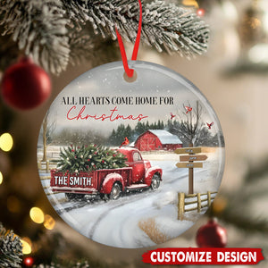 Personalized Red Truck Family Ceramic Christmas Ornament - Gift For Family