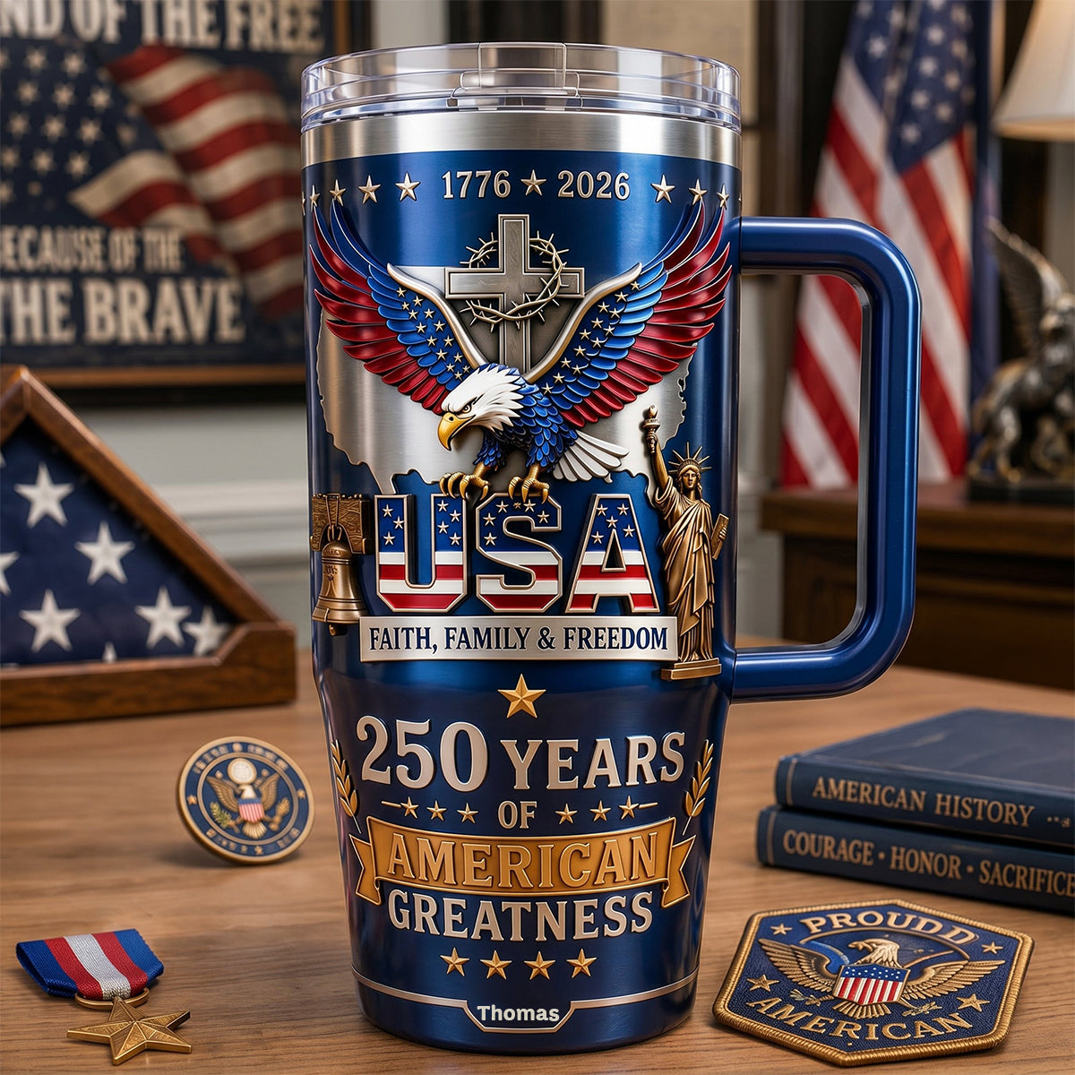 Faith Family & Freedom 40oz Tumbler With Handle - Personalized Gifts For Patriots