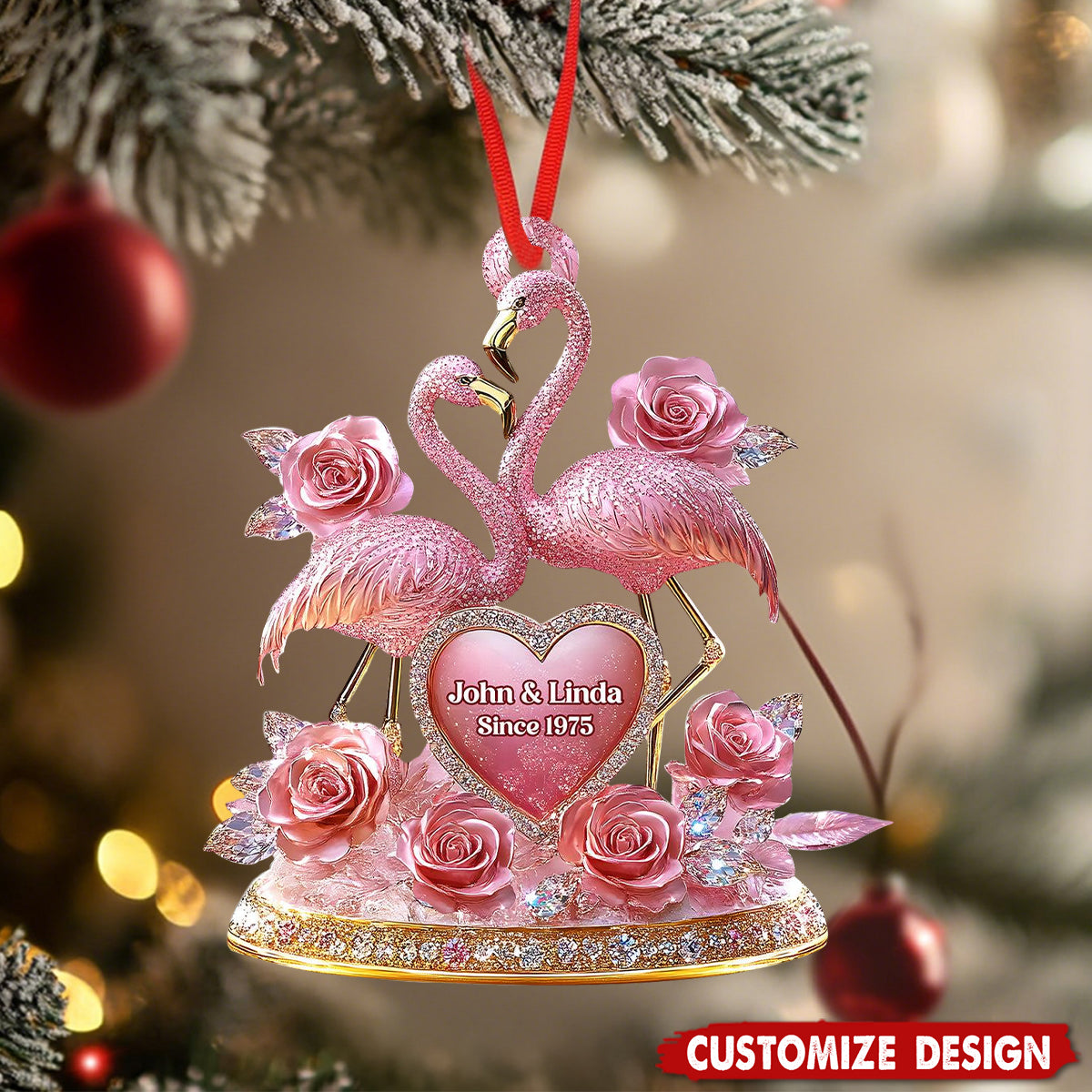 Personalized Flamingo Couple Ornament,Pink Anniversary Keepsake, Engagement Gift