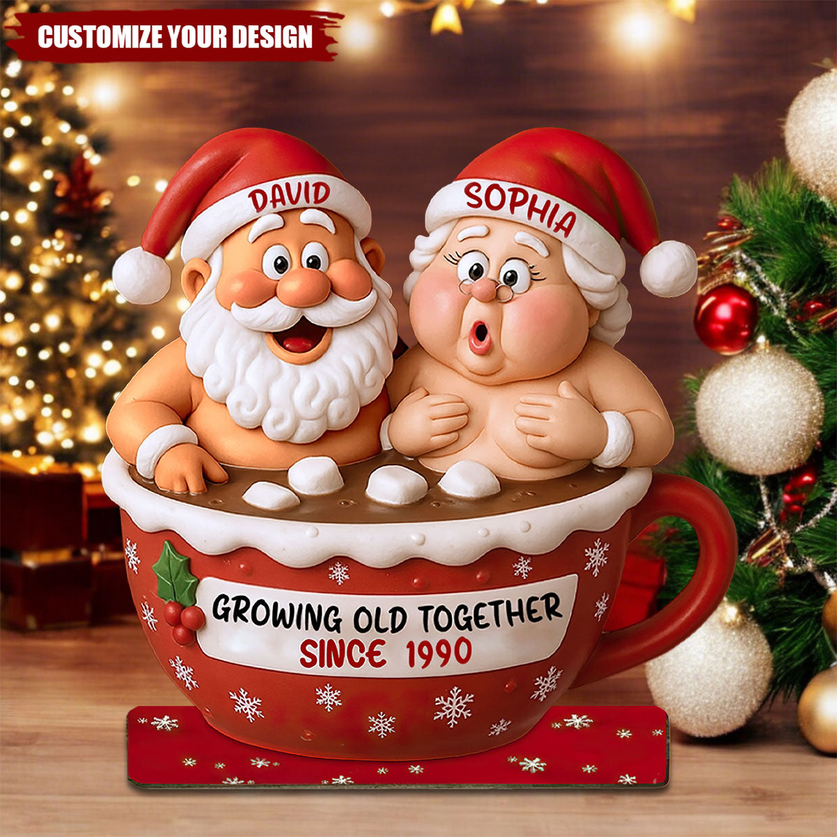 Growing Old Together Santa Claus In Hot Chocolate Cup, Personalized Couple Shaped Plaque