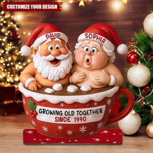 Growing Old Together Santa Claus In Hot Chocolate Cup, Personalized Couple Shaped Plaque