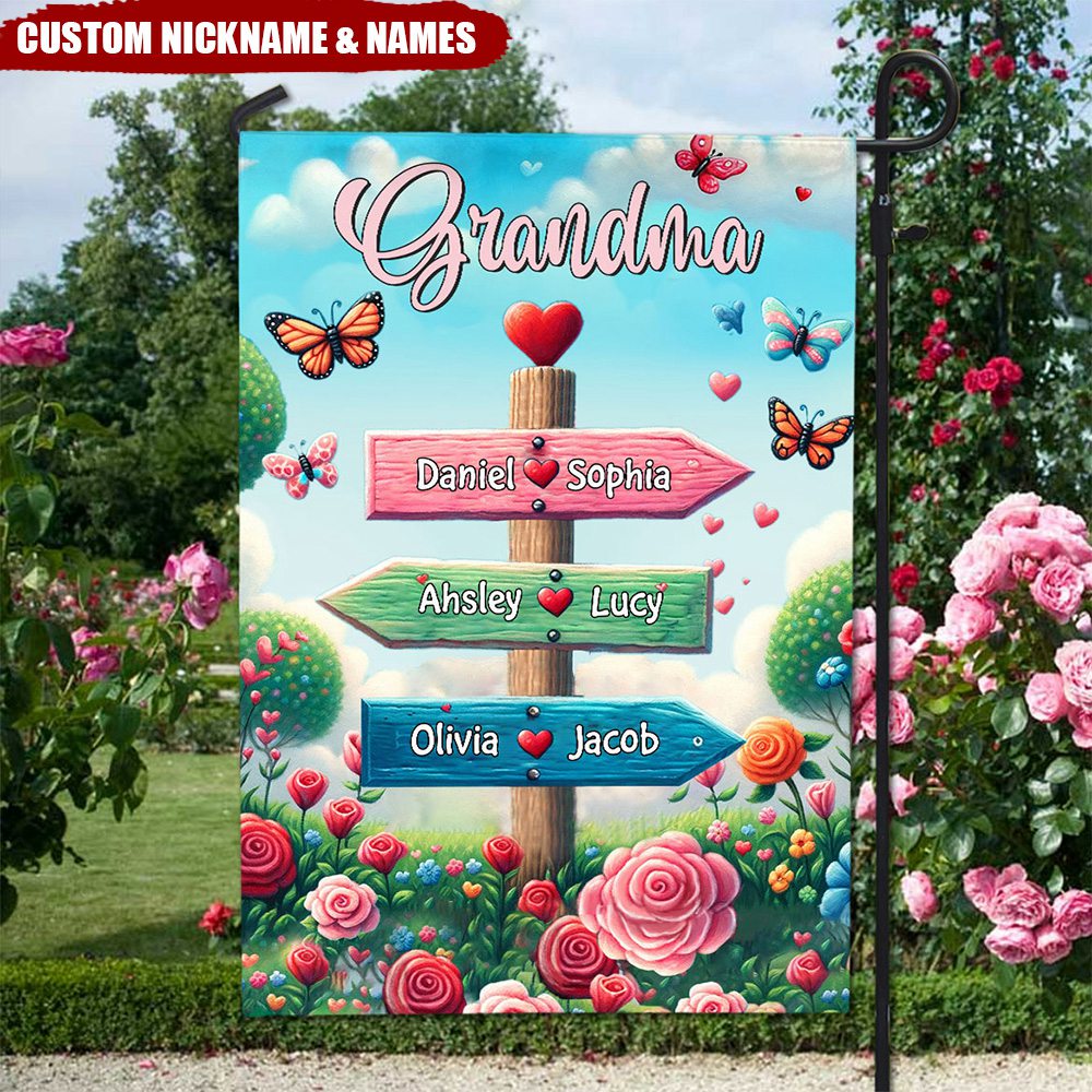 Grandma Butterfly Garden Signpost Personalized Flag - facamart