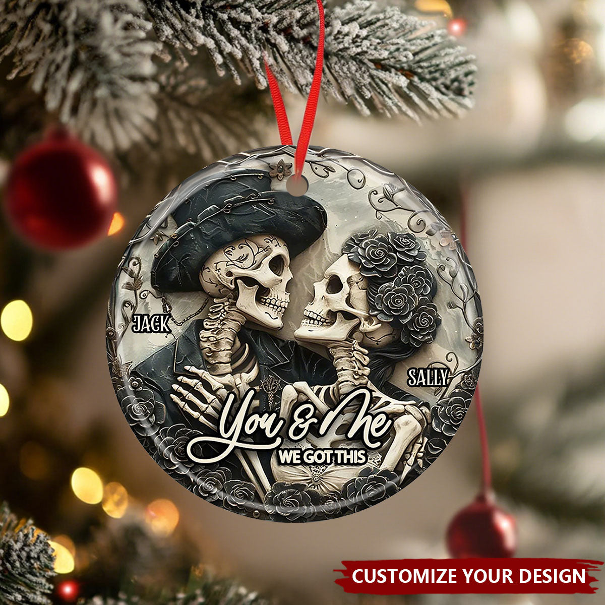 You & Me - Personalized Skull Ceramic Circle Ornament