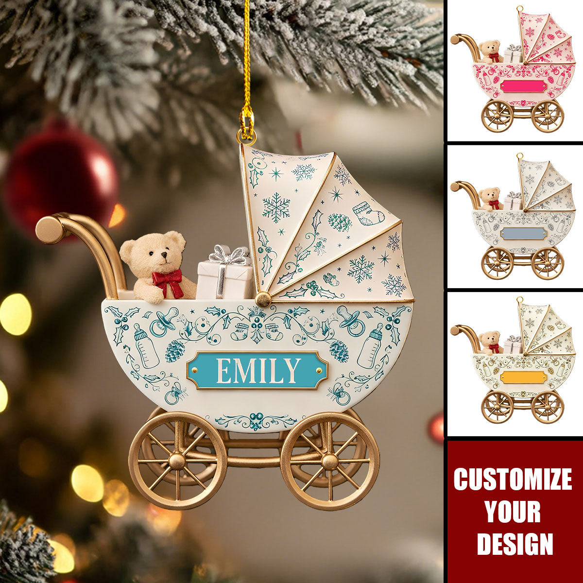 Toile De Jouy Ornaments, Personalized Baby Carriage Ornament