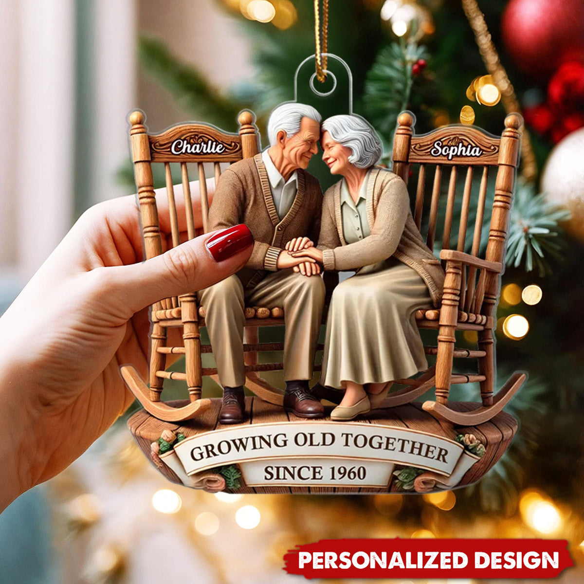 3D Effect Old Couple Sitting On Rocking Chairs Together Personalized Acrylic Ornament
