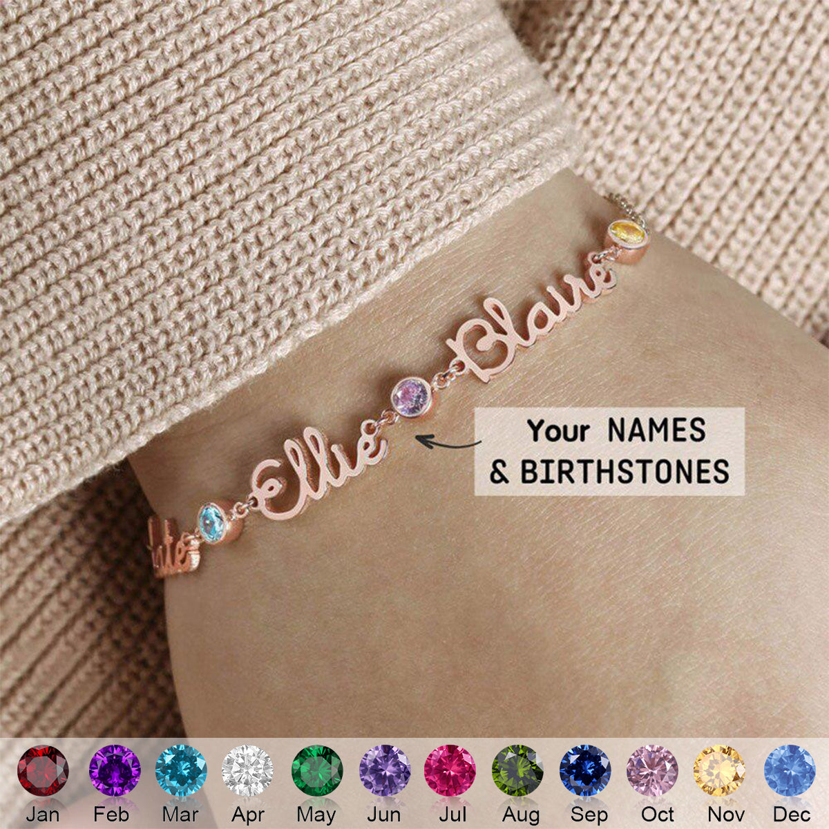 Personalized Birthstone And Name Bracelet - Gift For Mom,Grandma