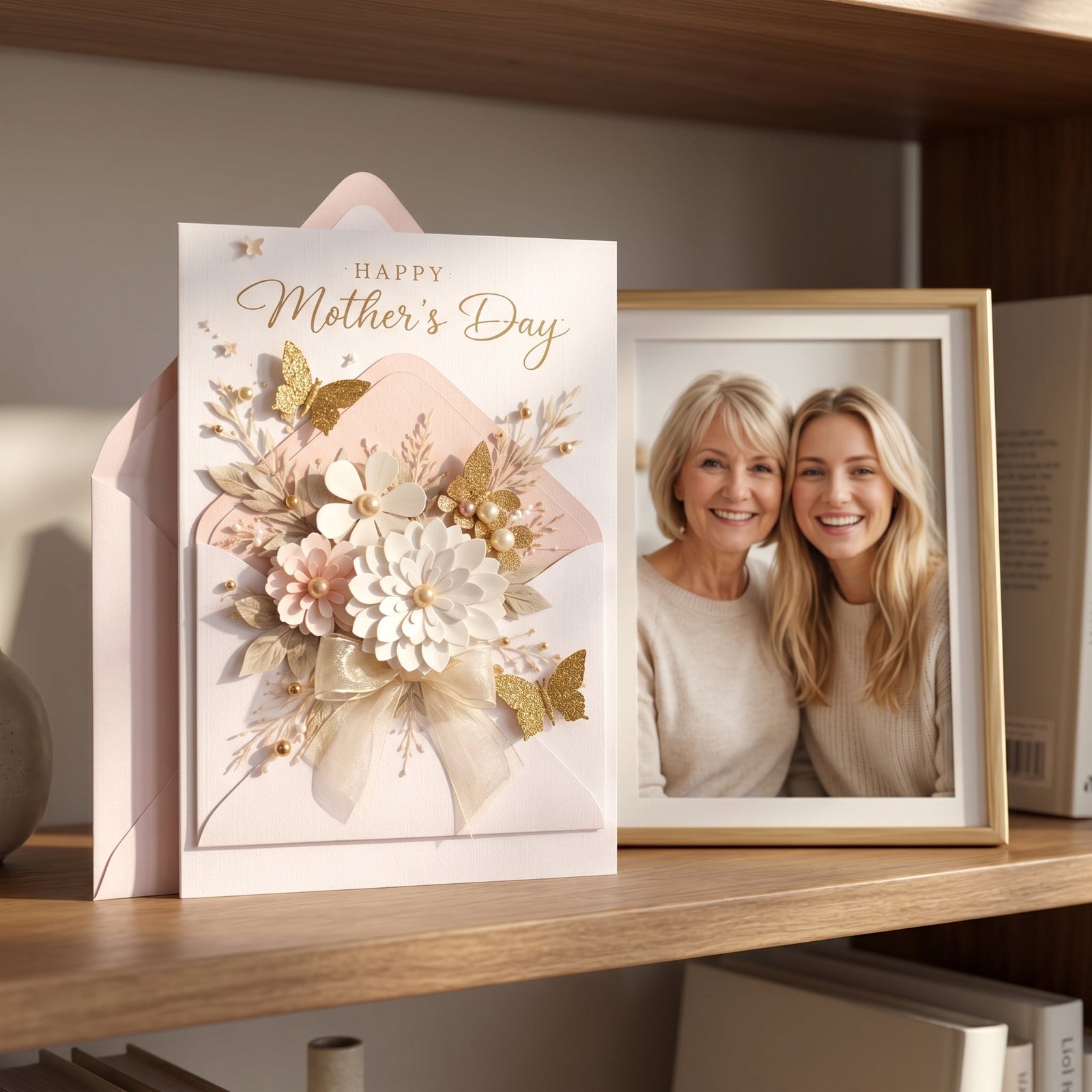 Beautiful Mother’s Day Card for Mom Luxury Floral Butterfly Greeting Card Elegant Happy Mother’s Day Card 3D Floral Envelope Card