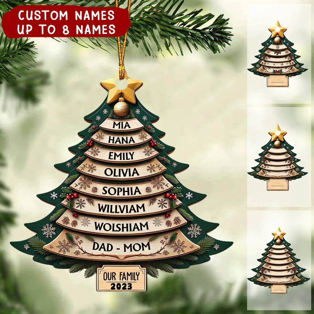 Personalized Unique Christmas Family Pine Tree Wooden Ornament