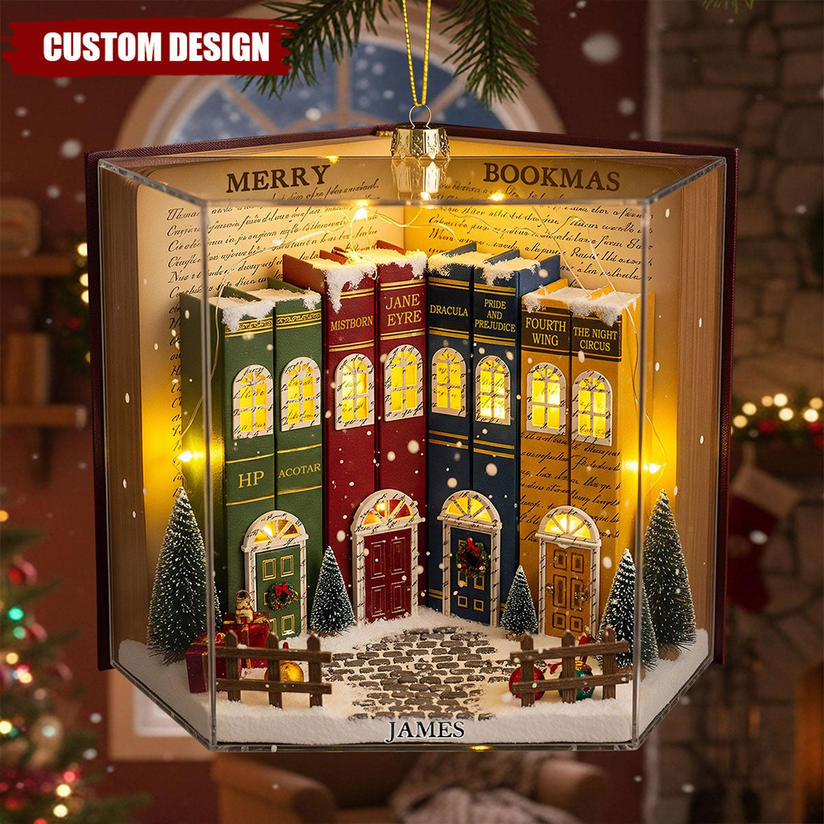 Book Town In A Jolly Christmas Night Acrylic Ornament, Personalized Gifts For Book Lovers