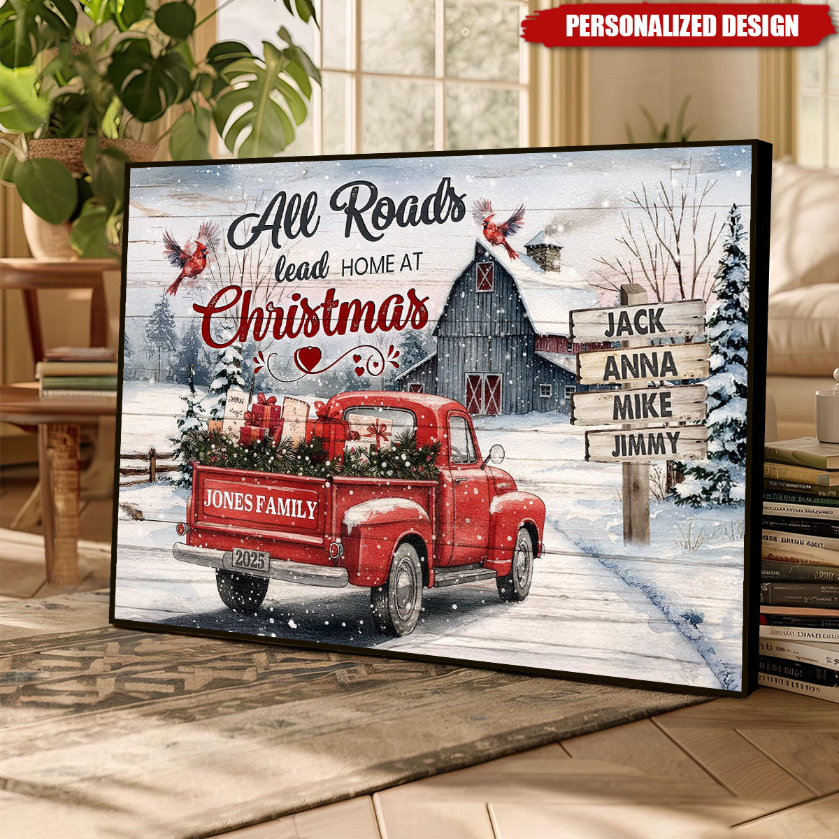 All Roads Lead Home at Christmas-Personalized Red Truck Christmas Poster Gift For Family