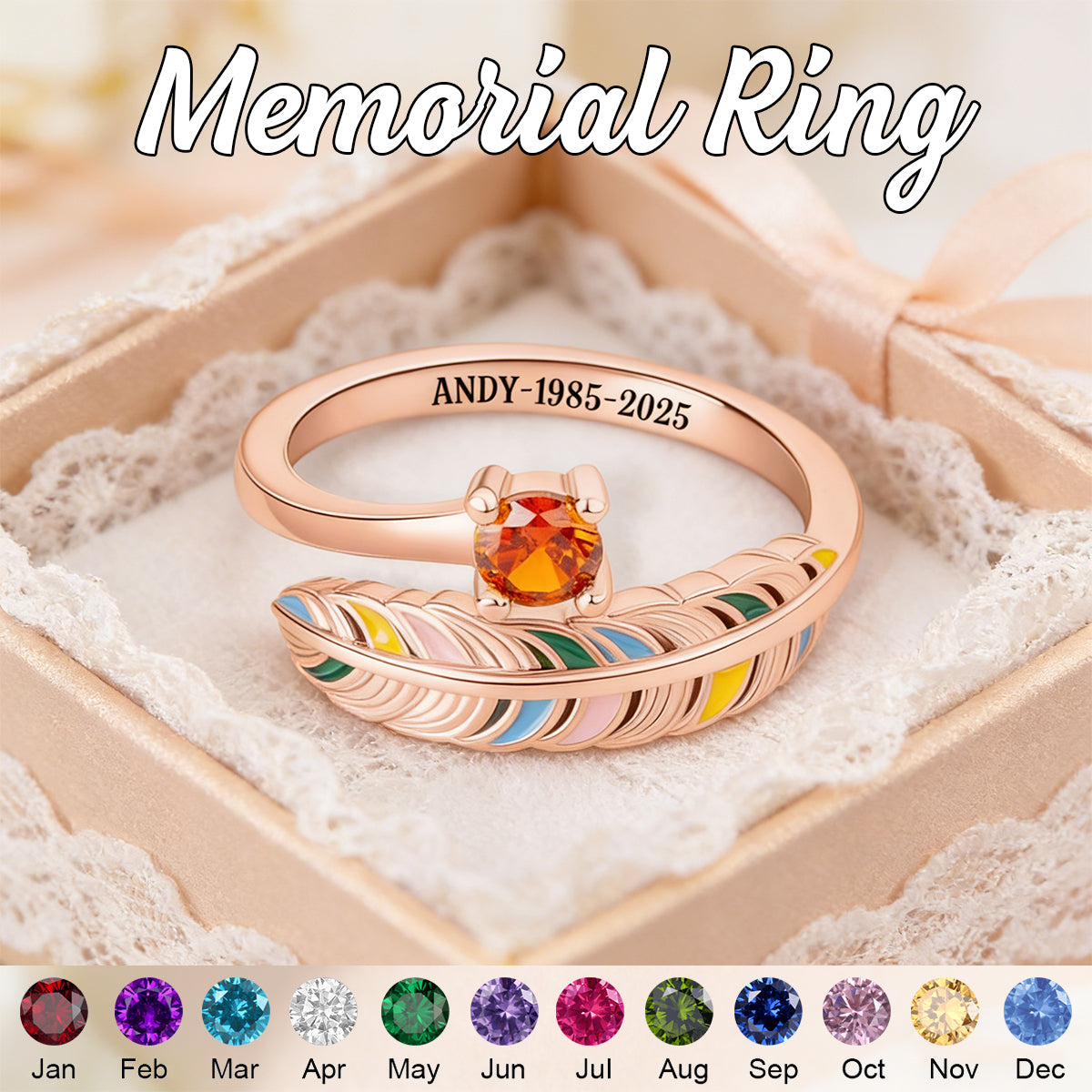 In Loving Memory - Personalized Feather Birthstone Memorial Ring