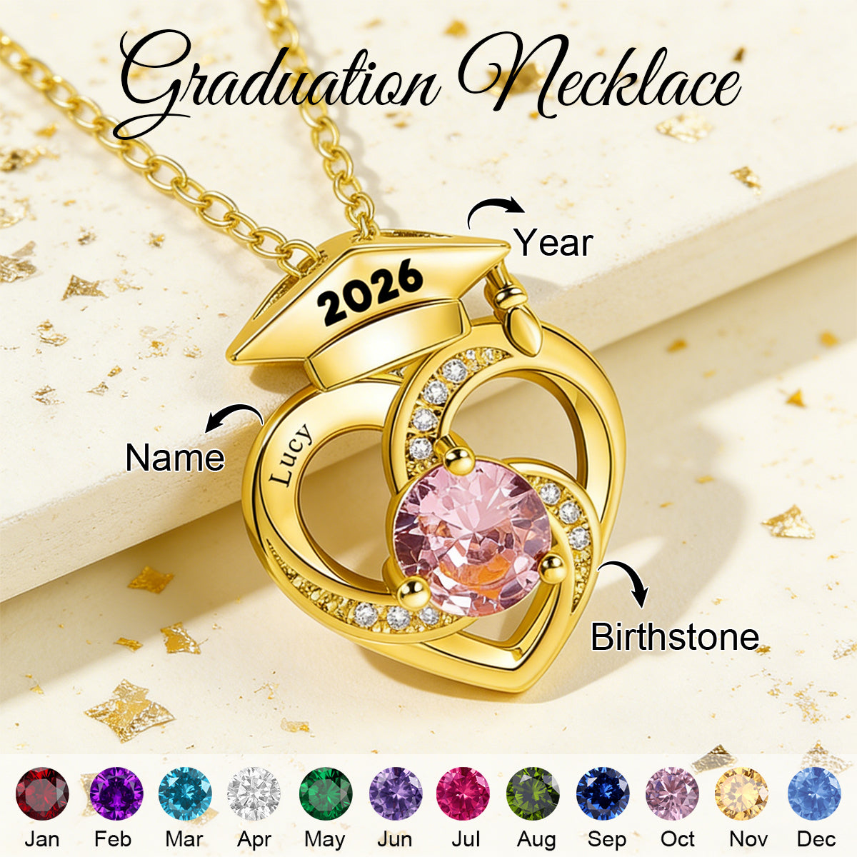 Personalized Graduation Cap Birthstone Necklace with Name Dainty Jewelry Graduation Season Commemorative Gift for Graduates