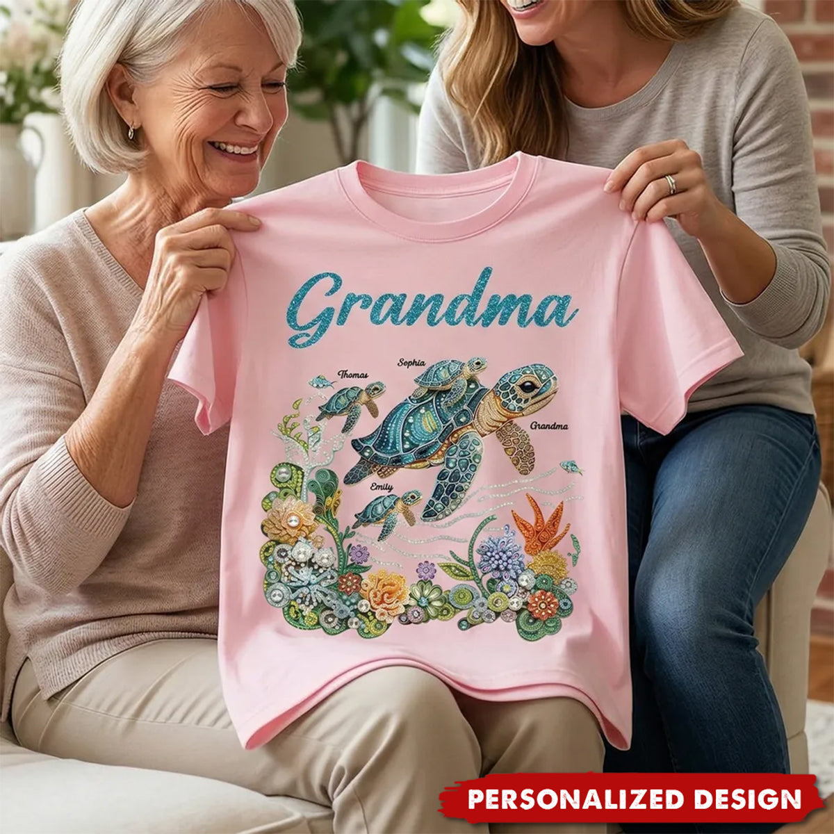 Personalized Mom Grandma Sea Turtle Rhinestones Style Shirt-Mother's Day Gift For Mom Grandma