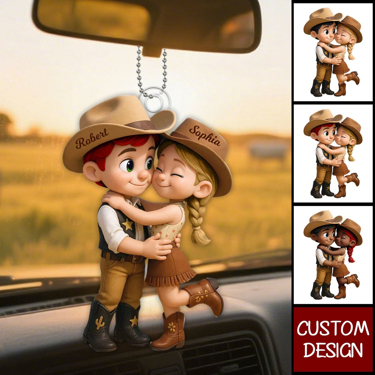 Cartoon Style Countryside Couple Cowboy Cowgirl Personalized Car Ornament