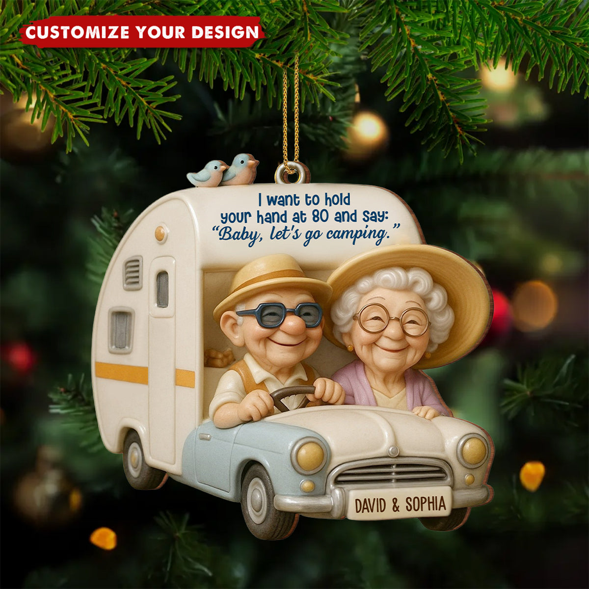 Hold Your Hand At 80, Baby Let’s Go Camping, Persoanlized Wood Ornament, Gift For Elderly Couples