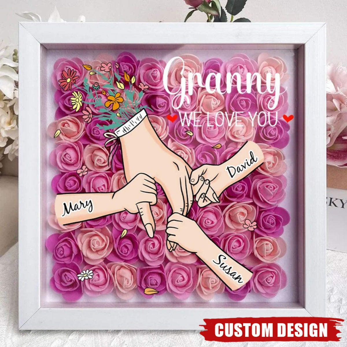Grandma/Mom We Love You - Personalized Flower Shadow Box With Name