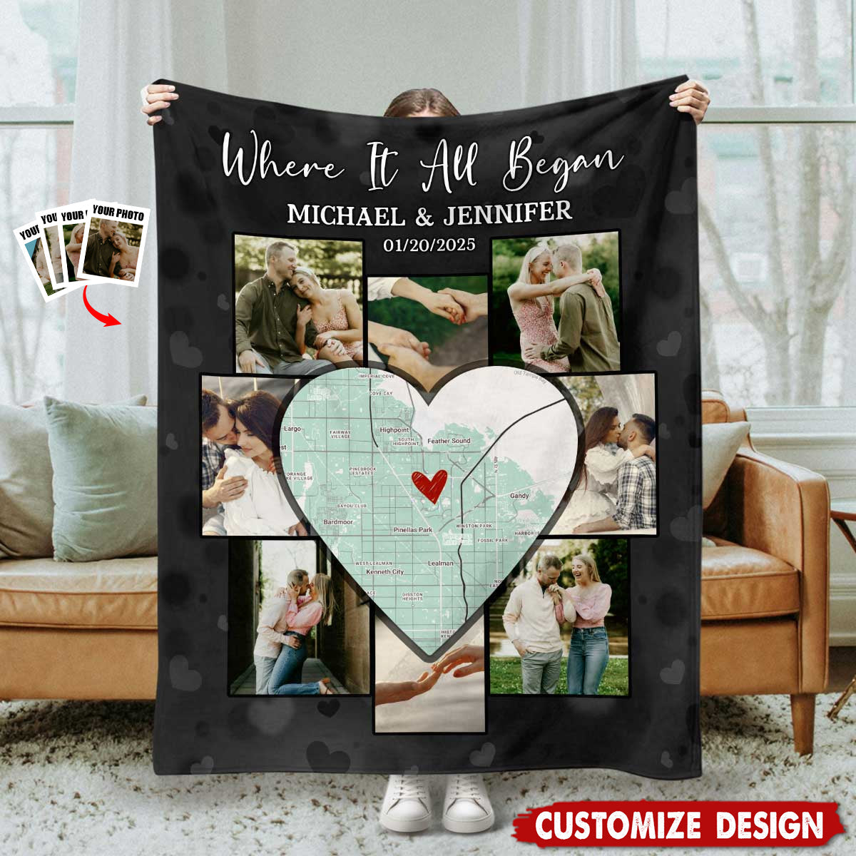 Where It All Began - Personalized Blanket With Location Map - Perfect Valentines Or Anniversary Gift For Couple