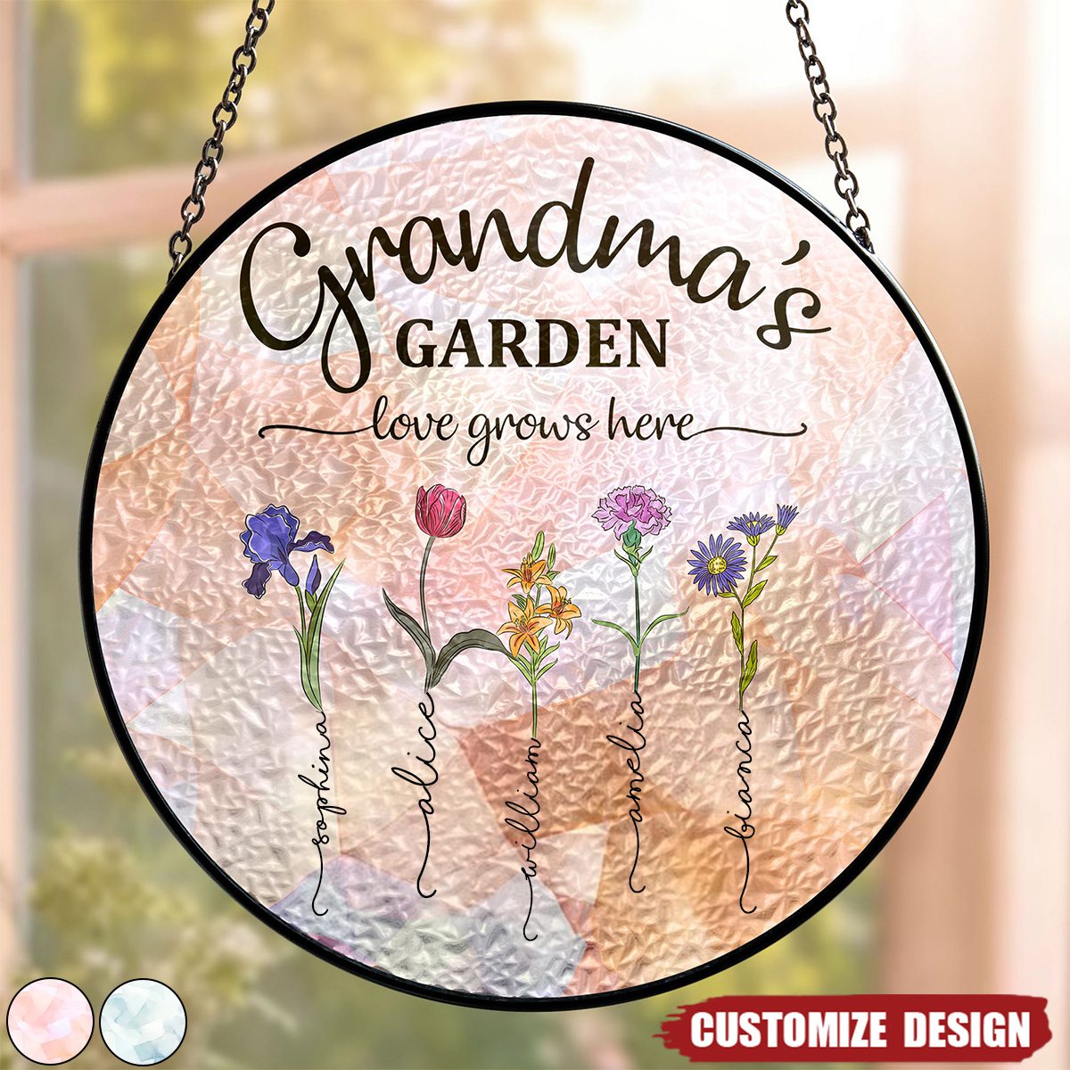 Grandma's Garden - Custom Birth Flower - Personalized Stained Glass Window Hanging Suncatcher