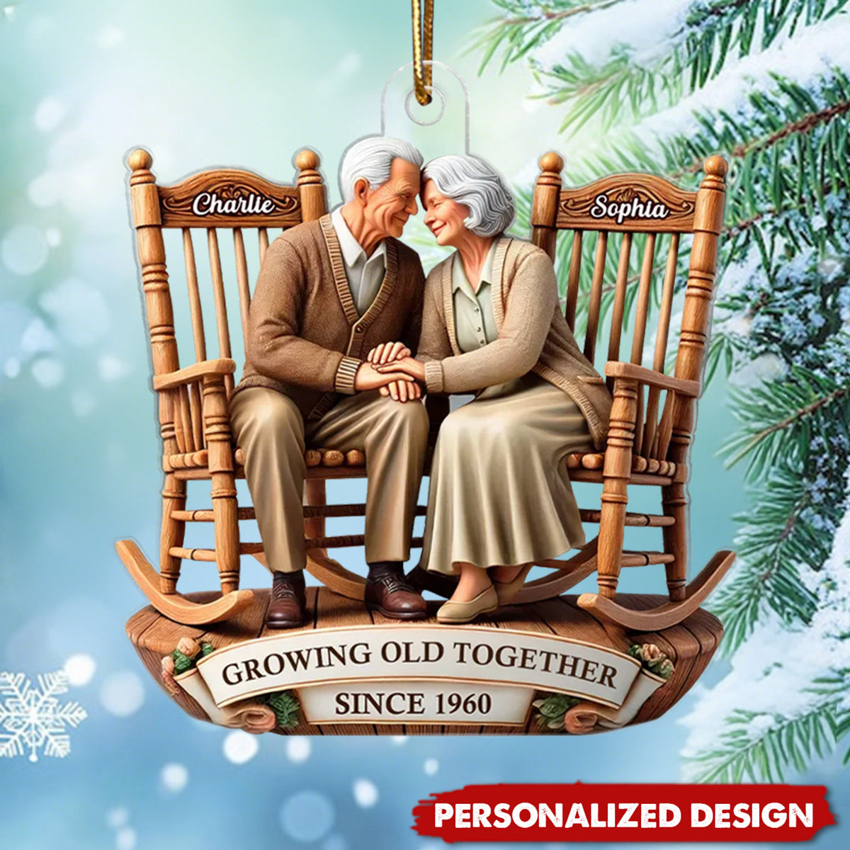 3D Effect Old Couple Sitting On Rocking Chairs Together Personalized Acrylic Ornament