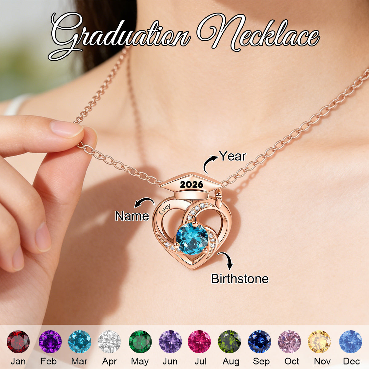 Personalized Graduation Cap Birthstone Necklace with Name Dainty Jewelry Graduation Season Commemorative Gift for Graduates